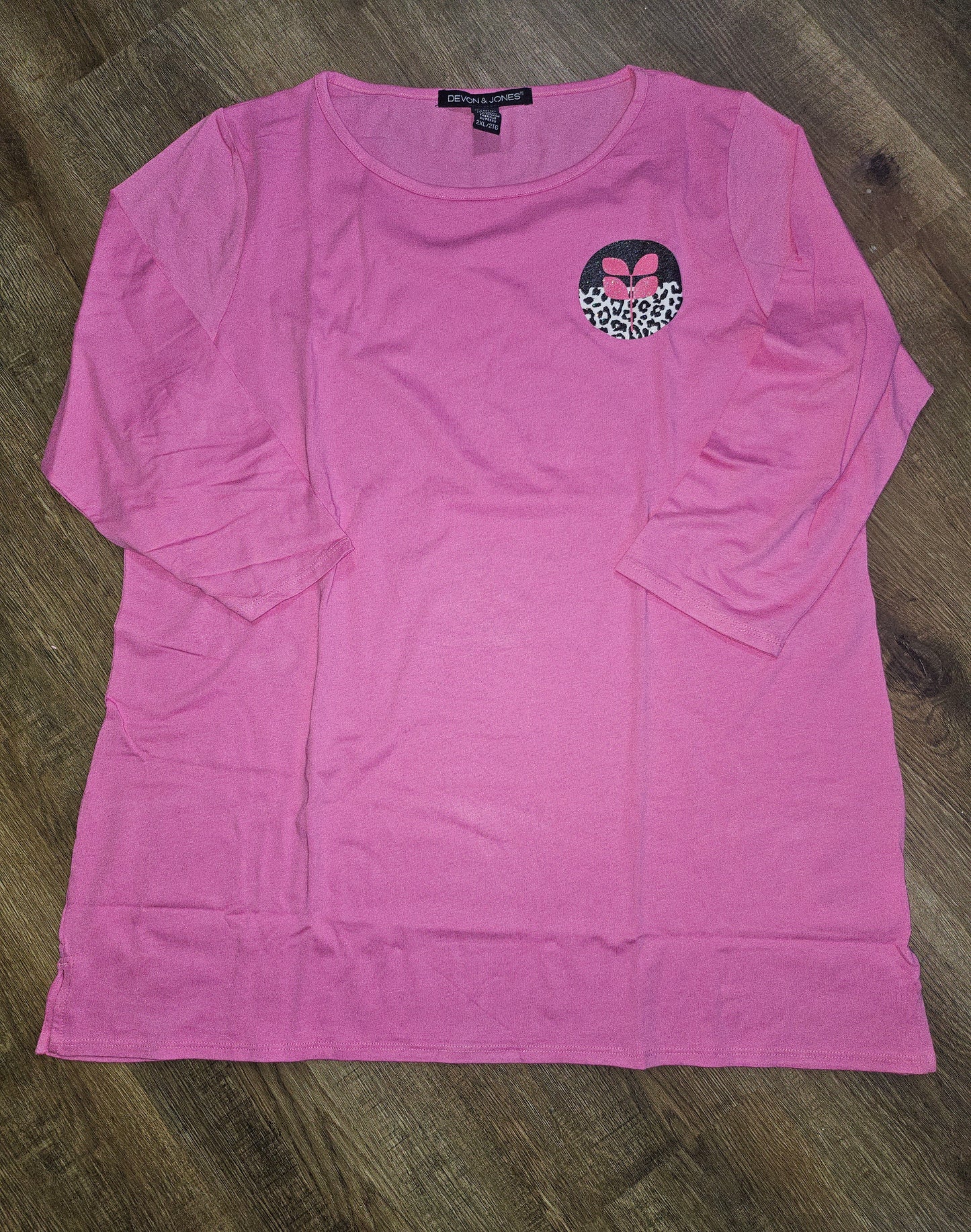 Ladies 2XL - Devon & Jones - Charity Pink with Glitter DTF Leopard Logo