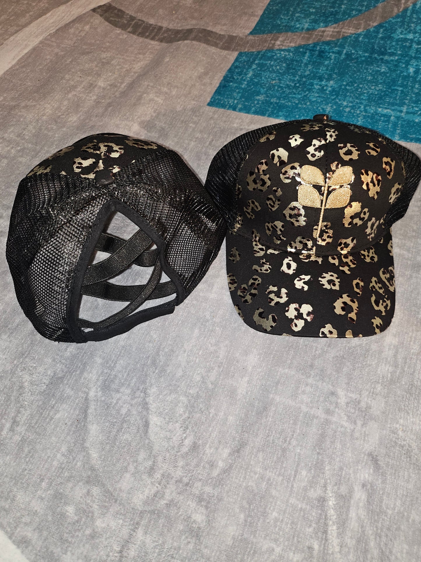 Black metallic leopard print 3 way pony/bun Cap - Glitter gold embroidered leaf