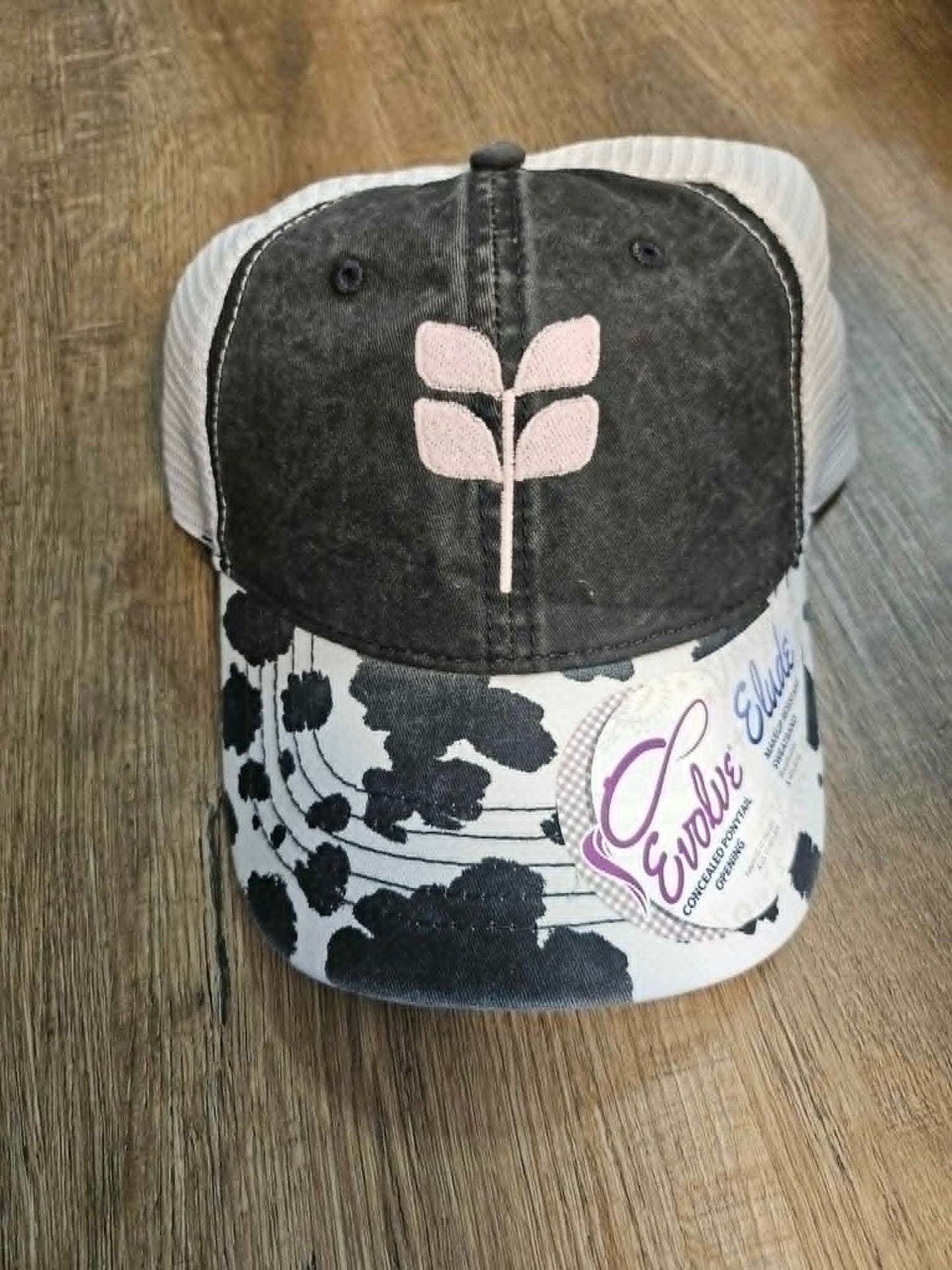 Cow print concealed pony cap - Light pink embroidered aspen leaf - NEW GLOW IN THE DARK THREAD