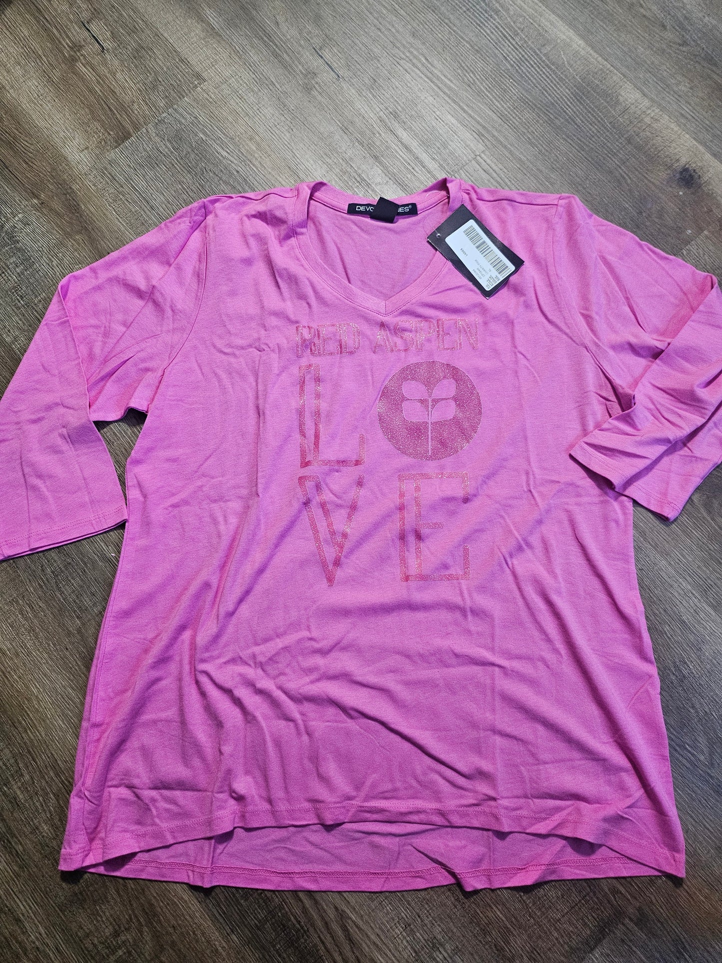 Ladies XL Vneck - Devon & Jones - Charity Pink with Glitter DTF LOVE logo