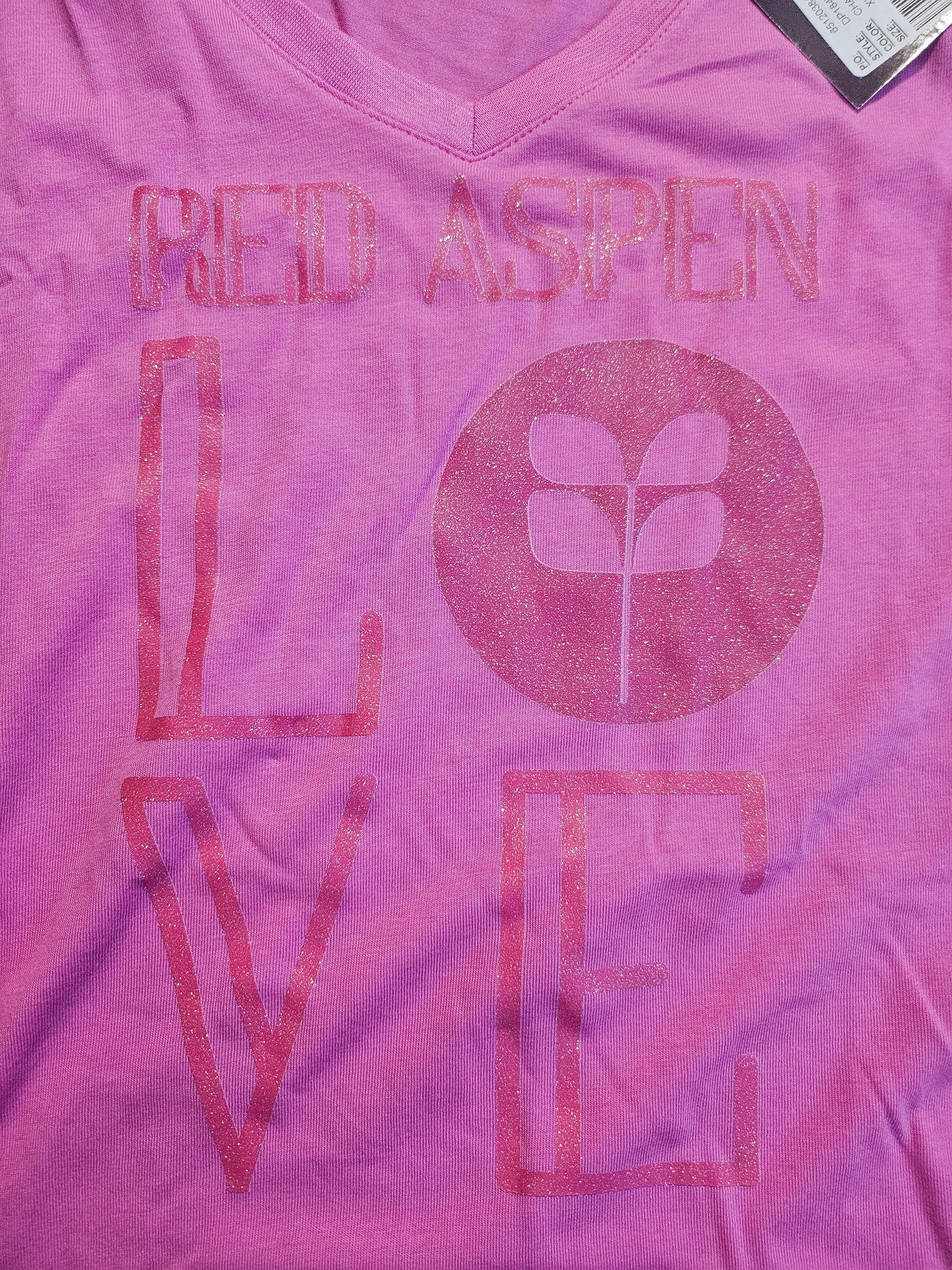 Ladies XL Vneck - Devon & Jones - Charity Pink with Glitter DTF LOVE logo
