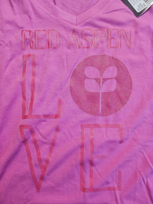 Ladies XL Vneck - Devon & Jones - Charity Pink with Glitter DTF LOVE logo