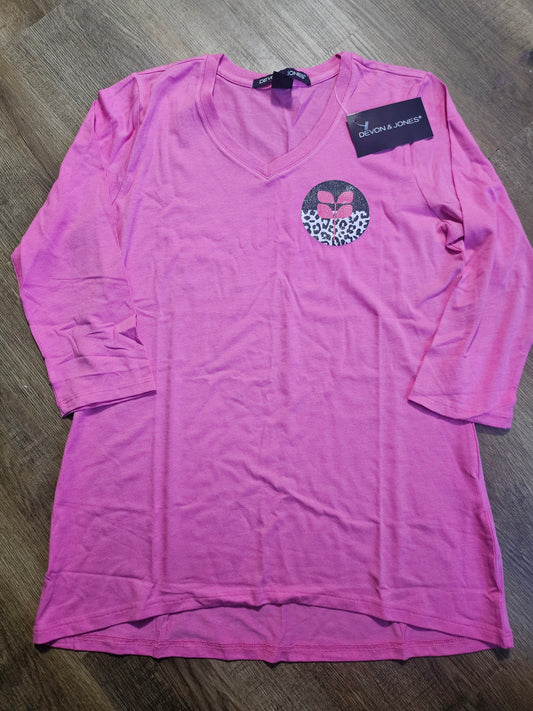 Ladies Medium Vneck - Devon & Jones - Charity Pink with Glitter DTF leopard logo
