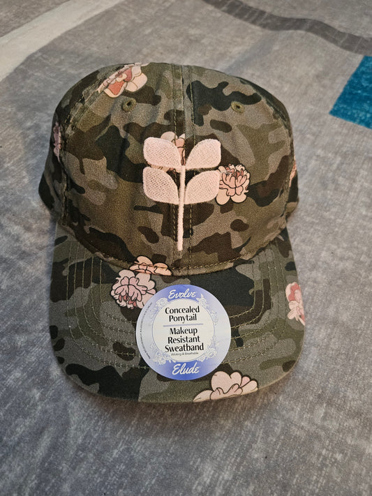Camo/Floral concealed pony cap - Light pink embroidered aspen leaf - NEW GLOW IN THE DARK THREAD