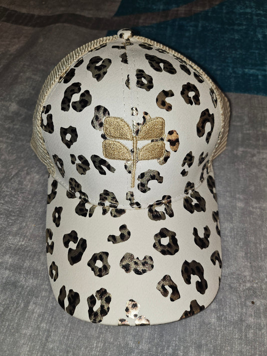 Ivory metallic leopard print 3 way pony/bun Cap - Glitter gold embroidered leaf