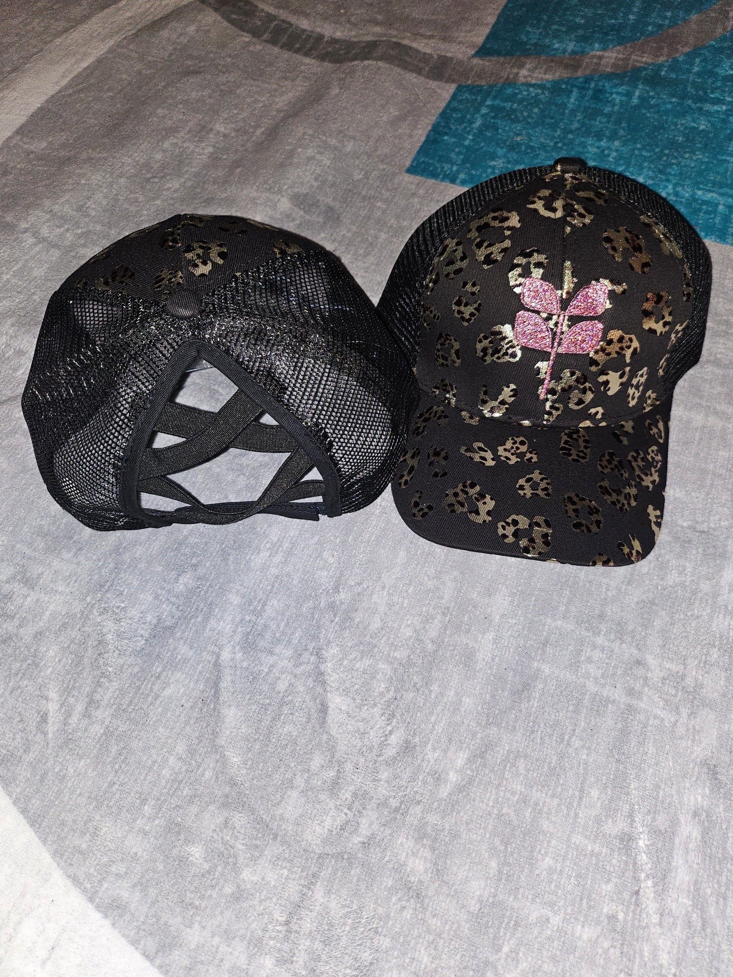 Black metallic leopard print 3 way pony/bun Cap - Glitter pink embroidered leaf