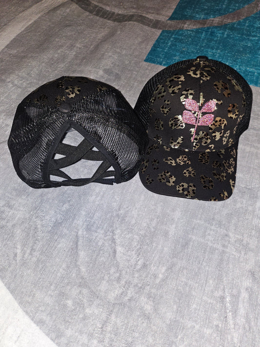 Black metallic leopard print 3 way pony/bun Cap - Glitter pink embroidered leaf