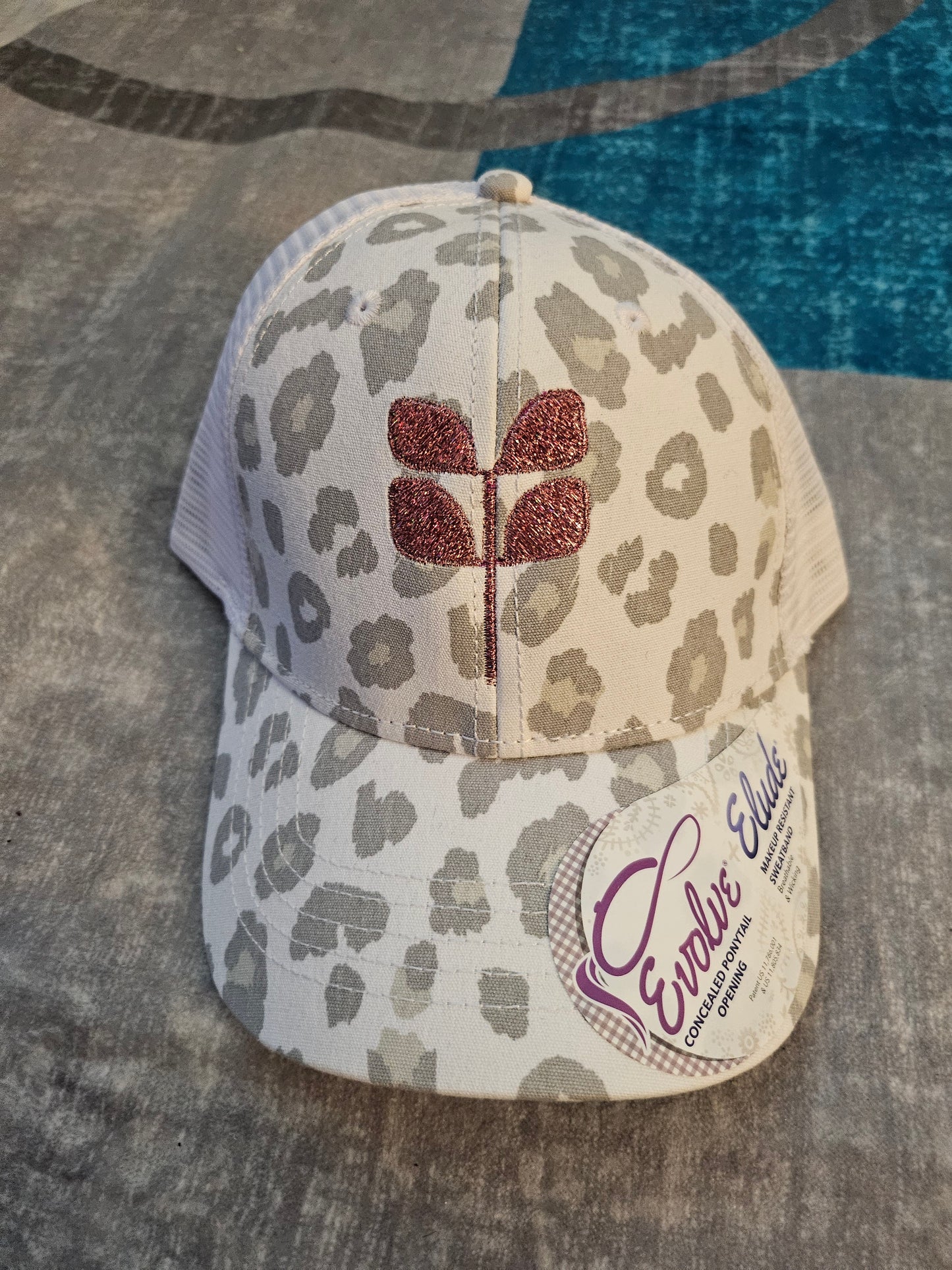Snow leopard Concealed pony Cap - Glitter Pink embroidered Aspen Leaf