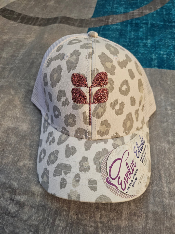 Snow leopard Concealed pony Cap - Glitter Pink embroidered Aspen Leaf ...