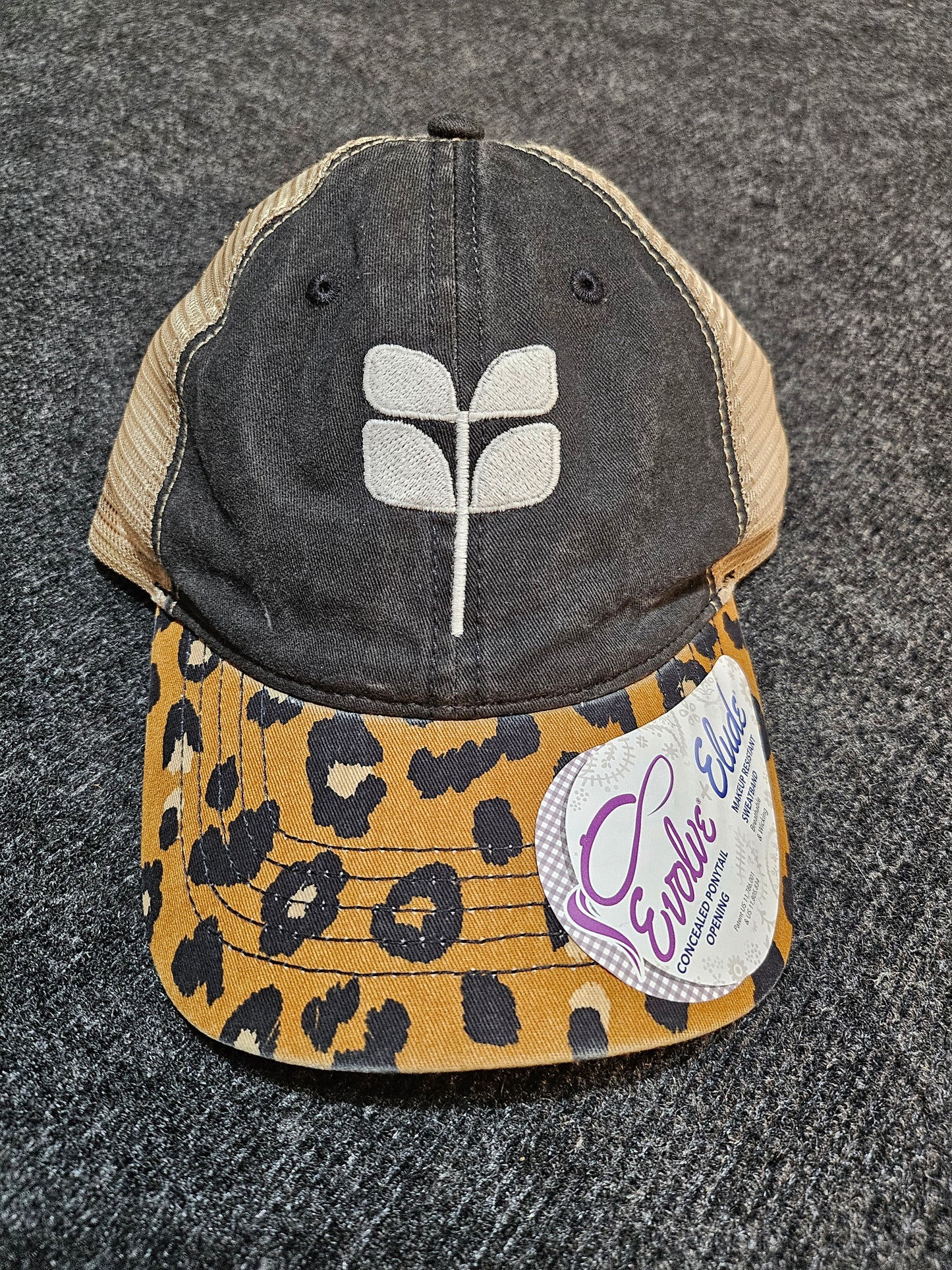 Leopard Bill concealed pony cap - White embroidered aspen leaf - NEW GLOW IN THE DARK THREAD
