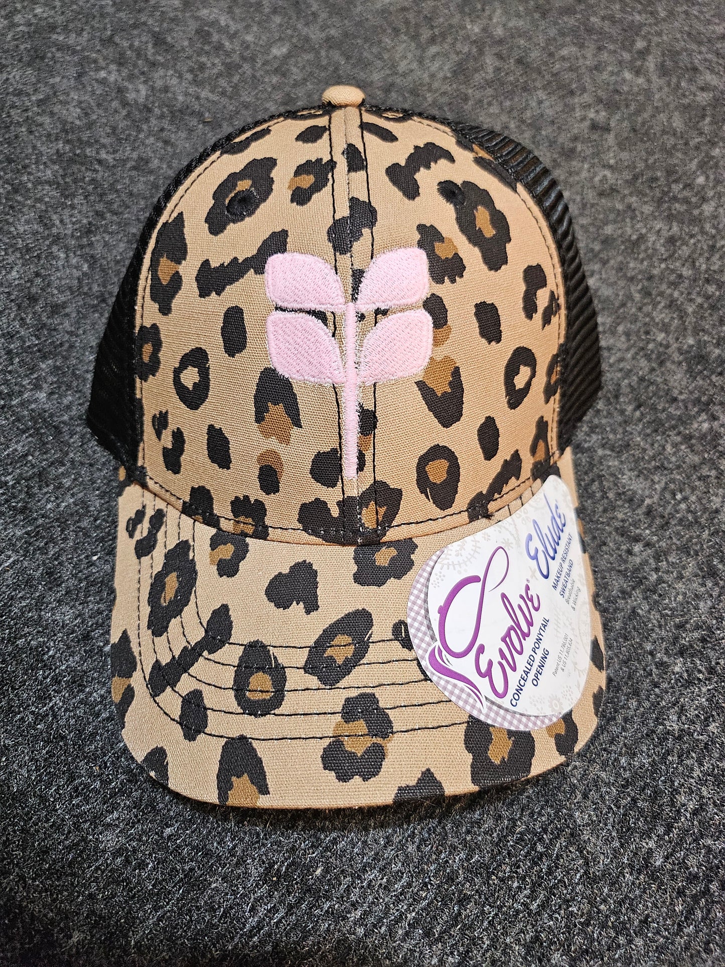 Full leopard concealed pony cap - Light pink embroidered aspen leaf - NEW GLOW IN THE DARK THREAD