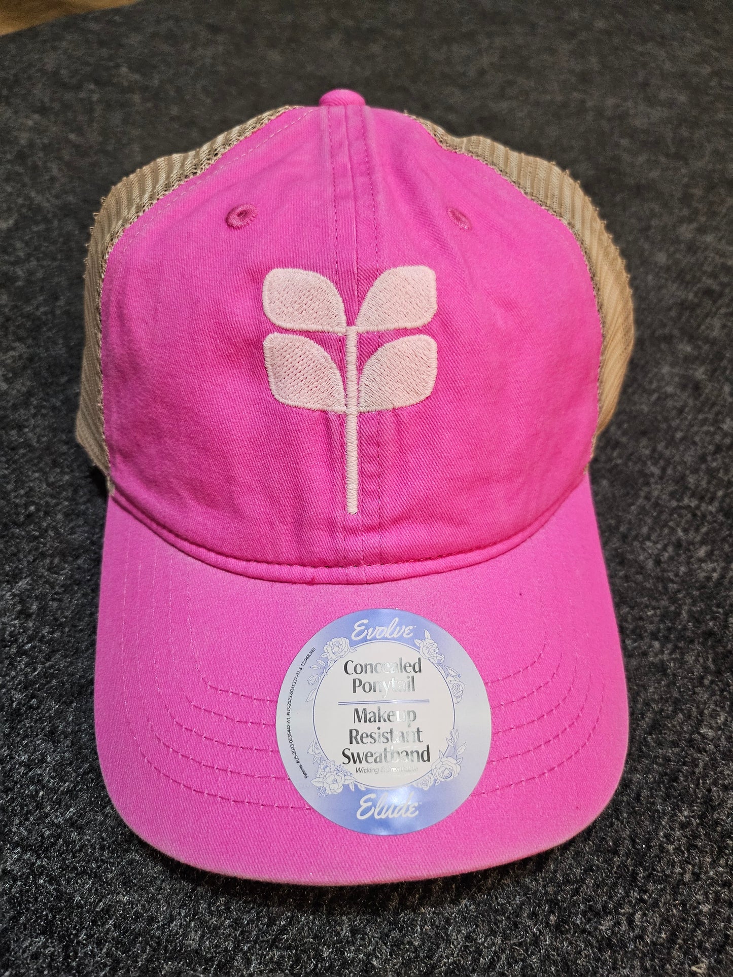 Pink concealed pony cap - Light pink embroidered aspen leaf - NEW GLOW IN THE DARK THREAD