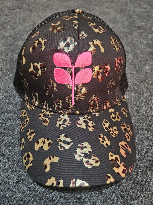 OOPSIE CAP BLACK metallic leopard print 3 way pony/bun Cap - PINK embroidered leaf