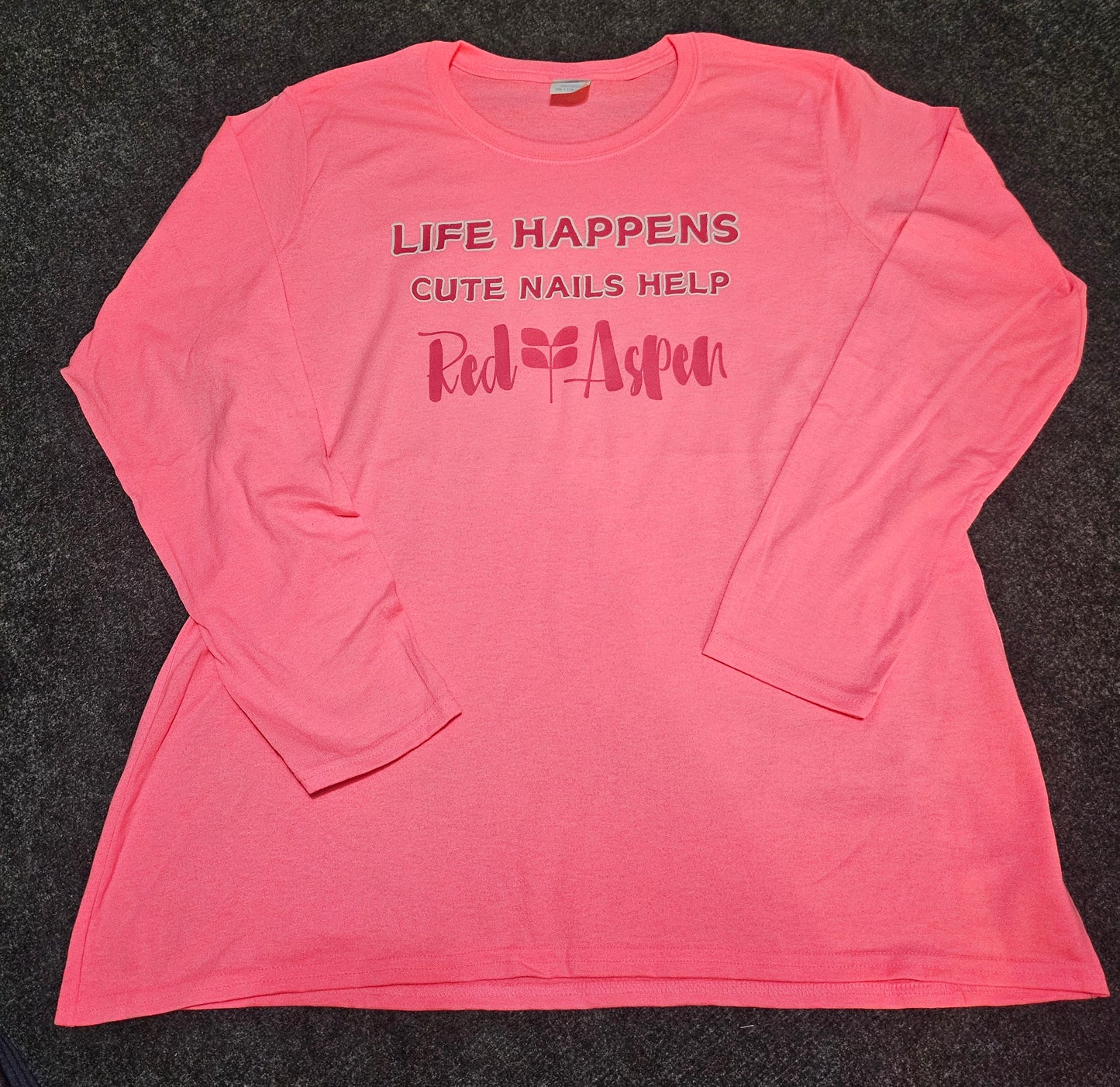 PORT AND CO. LS TEE -LADIES 2XL -TRUE TO SIZE - DTF LIFE HAPPENS LOGO - PK/WHT