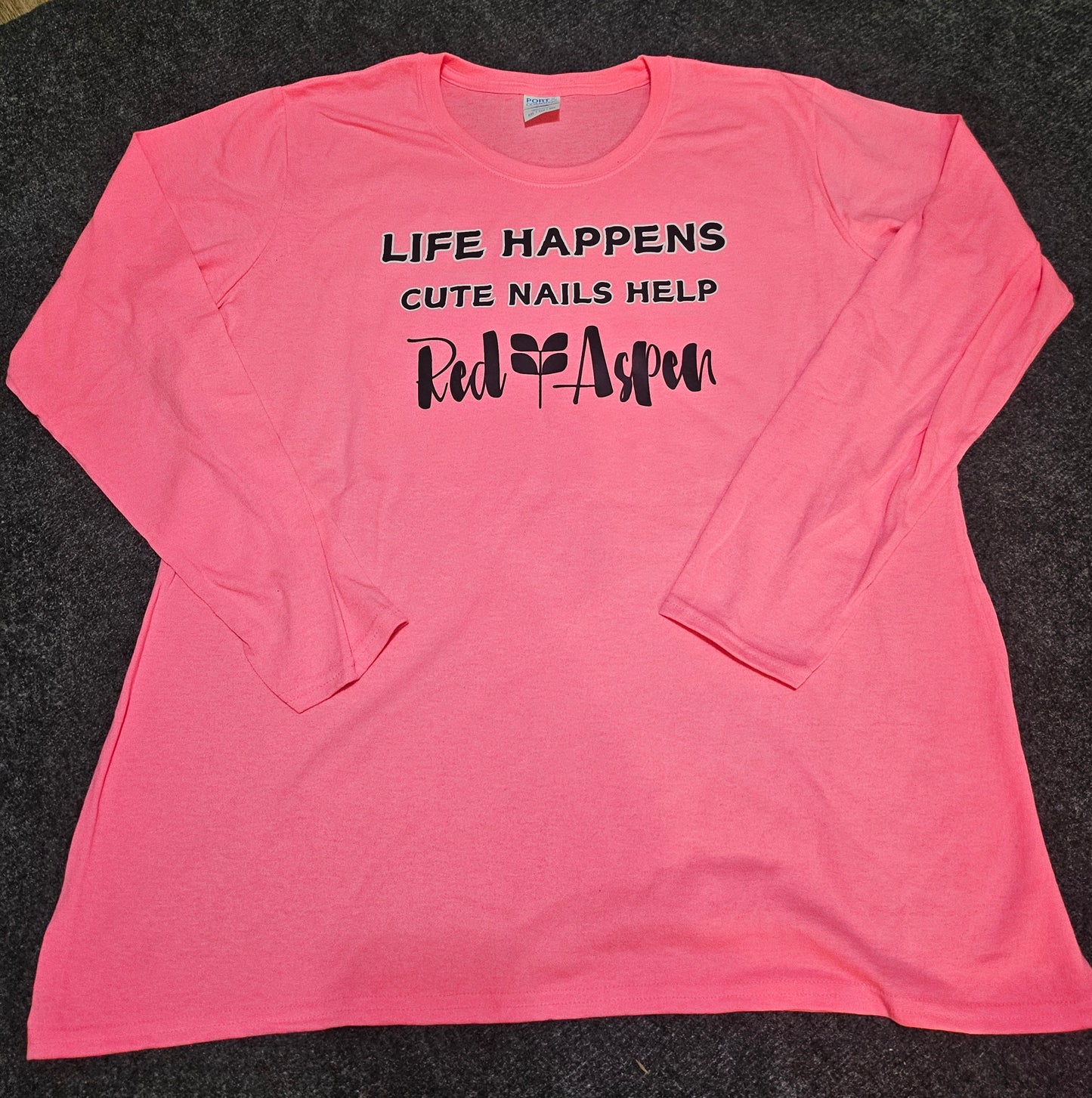 PORT AND CO. LS TEE -LADIES 2XL -TRUE TO SIZE - DTF LIFE HAPPENS LOGO - BLK/WHT