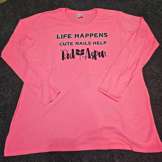 PORT AND CO. LS TEE -LADIES 2XL -TRUE TO SIZE - DTF LIFE HAPPENS LOGO - BLK/WHT