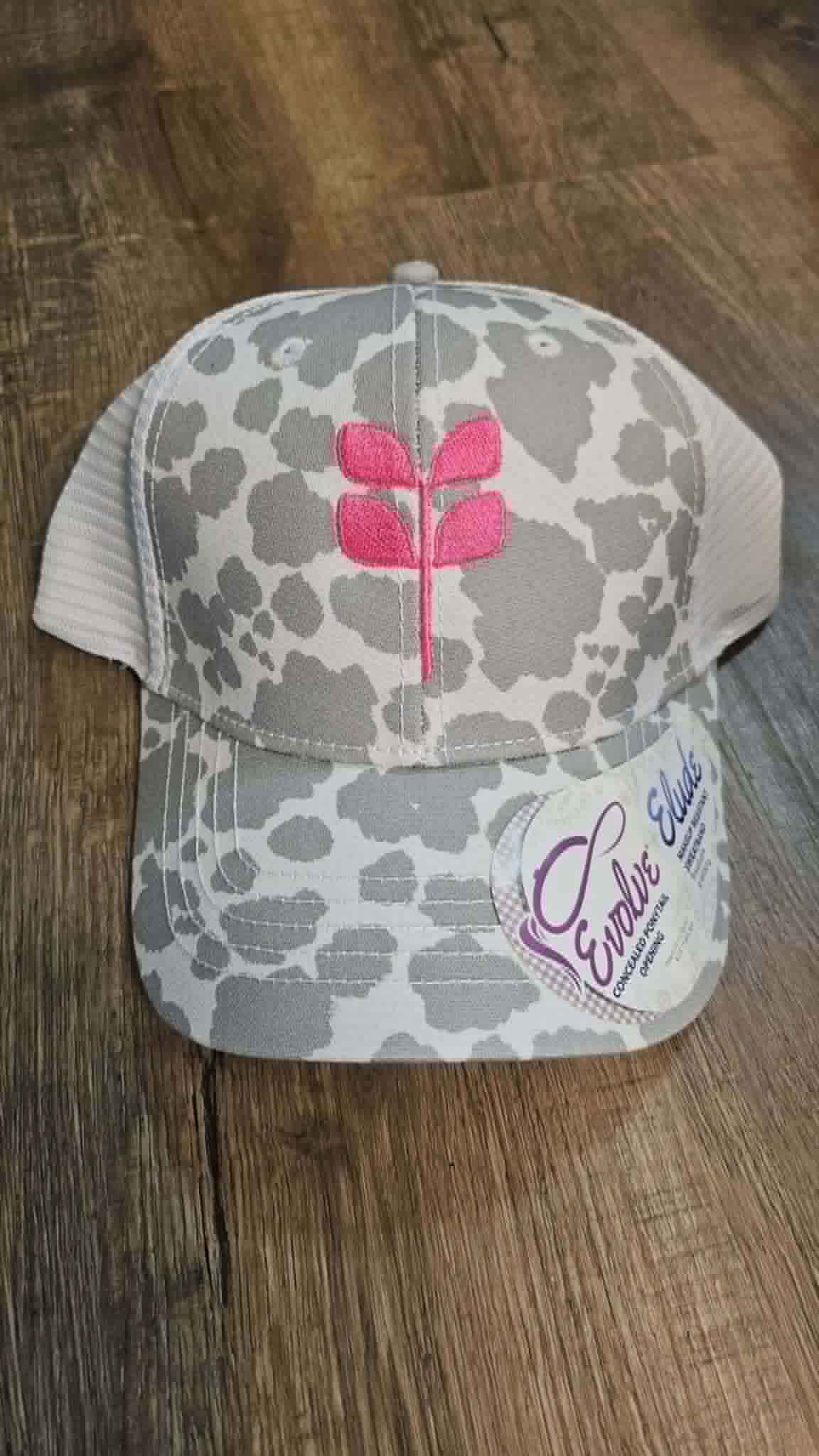 White cow print concealed pony cap - Hot pink embroidered aspen leaf