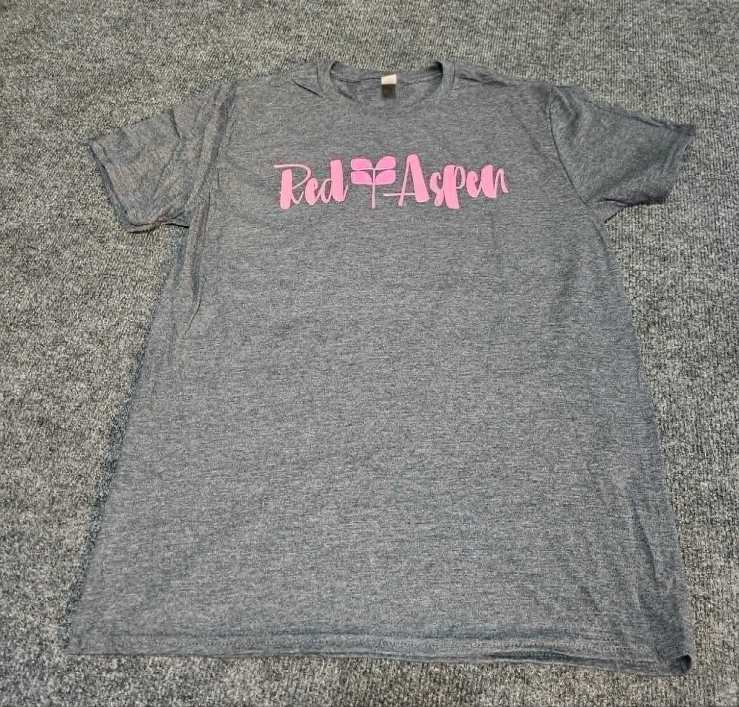 T1000 UNISEX MEDIUM DARK GRAY TEE (TRUE TO SIZE) - DTF Red Aspen Logo in all pink