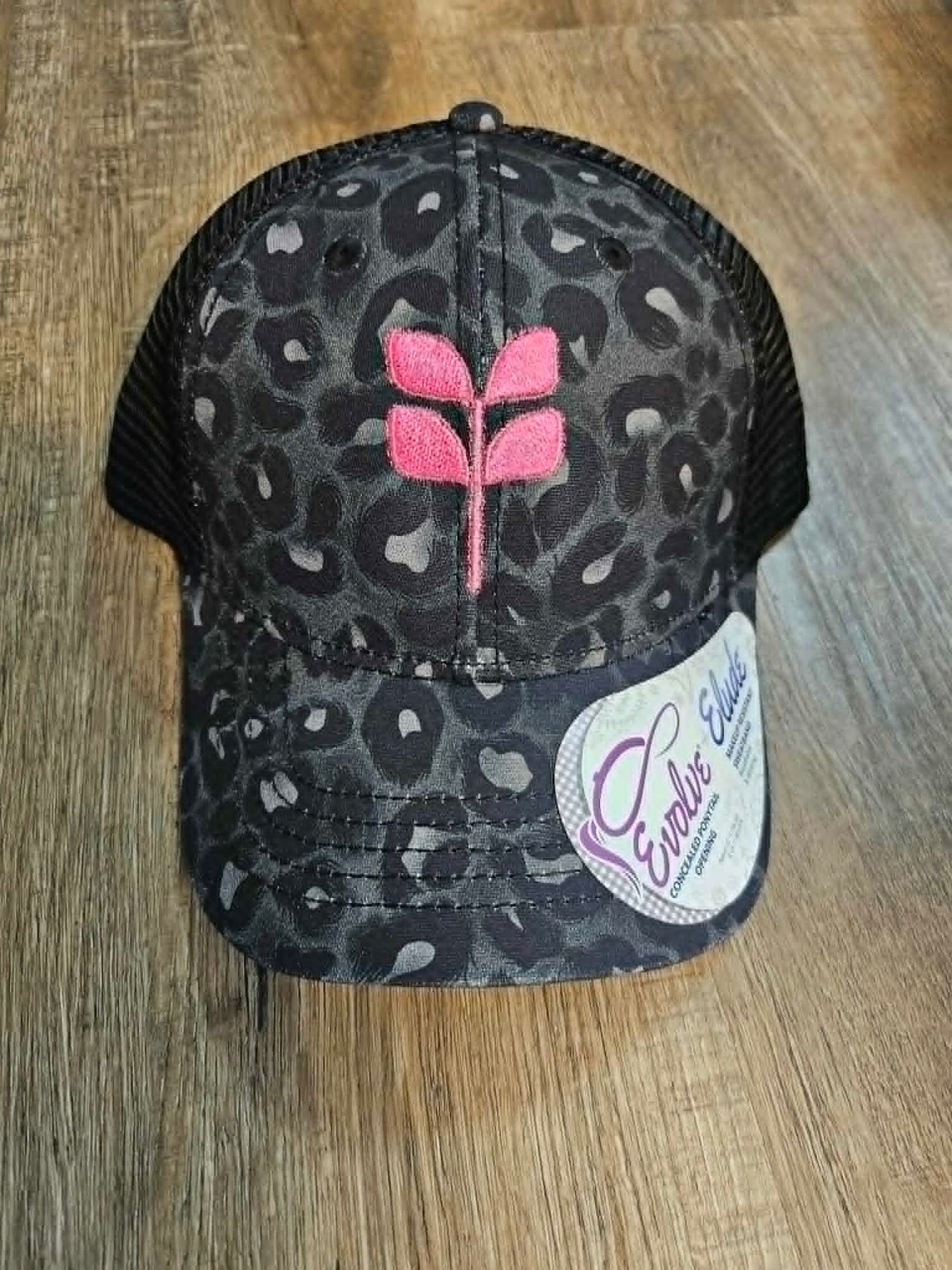 Black leopard print concealed pony cap - Hot pink embroidered aspen leaf
