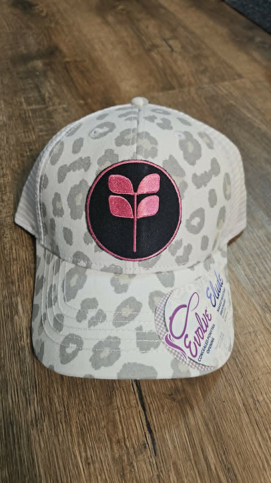 Snow leopard print concealed pony cap - Embroidered iron on patch logo